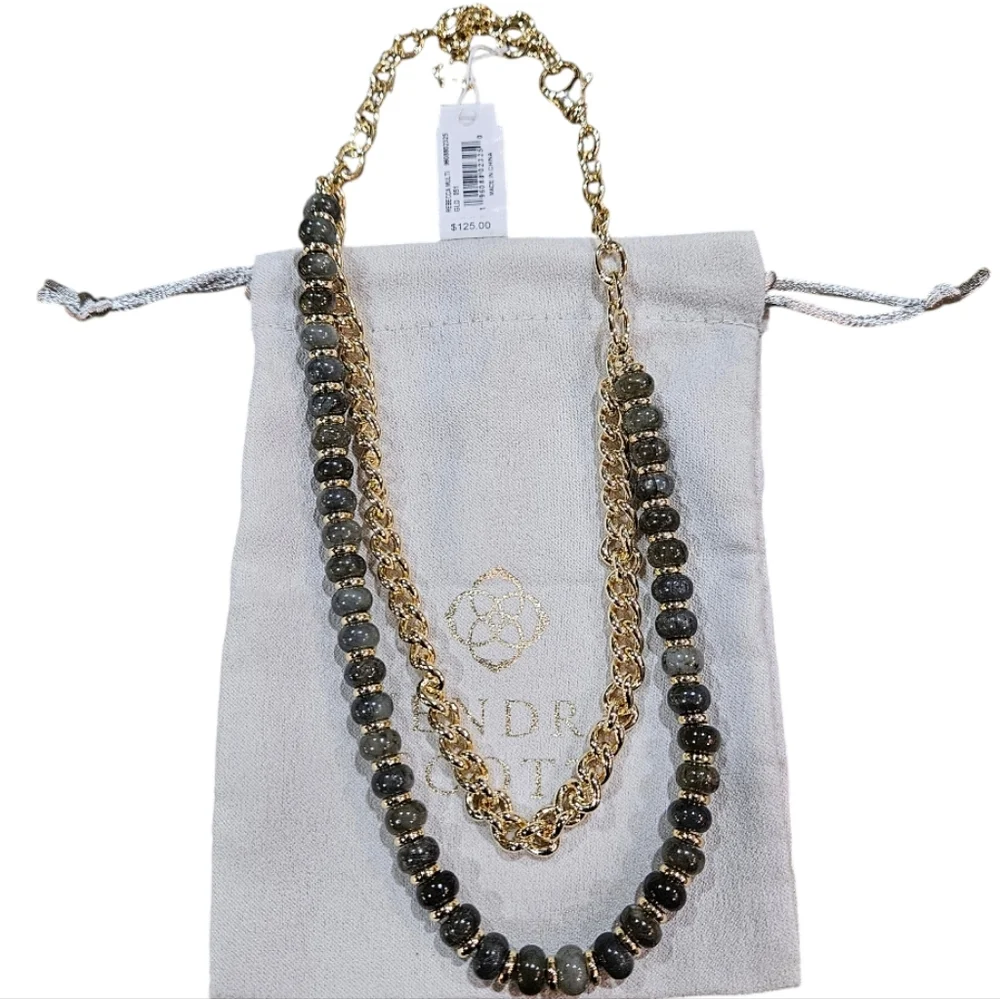 NWT KENDRA SCOTT Rebecca Labadorite Grey Stones Gold Double Strand Necklace